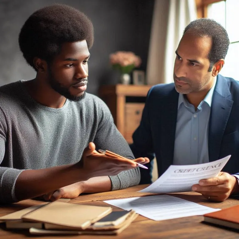 Um consumidor preocupado, sentado à mesa de sua casa, analisando faturas e documentos financeiros. Ao seu lado, um advogado da Márcio Rosa Sociedade de Advogados aponta para os documentos, explicando os detalhes do Seguro Prestamista embutido. O ambiente é acolhedor e transmite a sensação de segurança e confiança